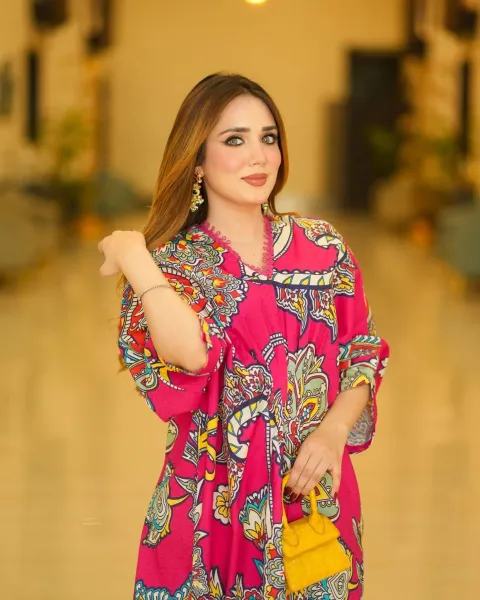 Pakistani Original Sahibas By Mirza Textured Cotton Stitched Kaftan _ Magenta Pink 